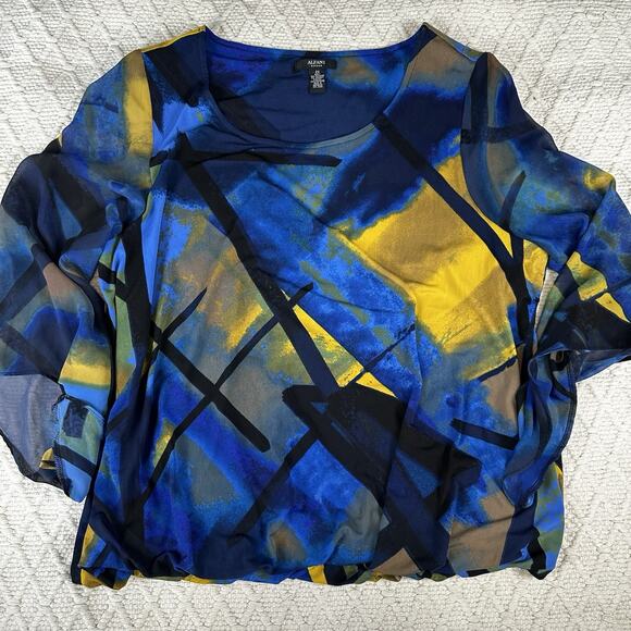 Alfani Woman 2X Sheer Sleeve Abstract Print Blouse Blue Yellow Black - Picture 1 of 6